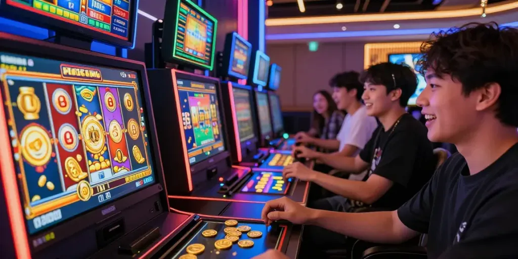Pengalaman bermain situs slot gacor dengan pemain menikmati permainan di perangkat mobile dan suasana yang meriah.