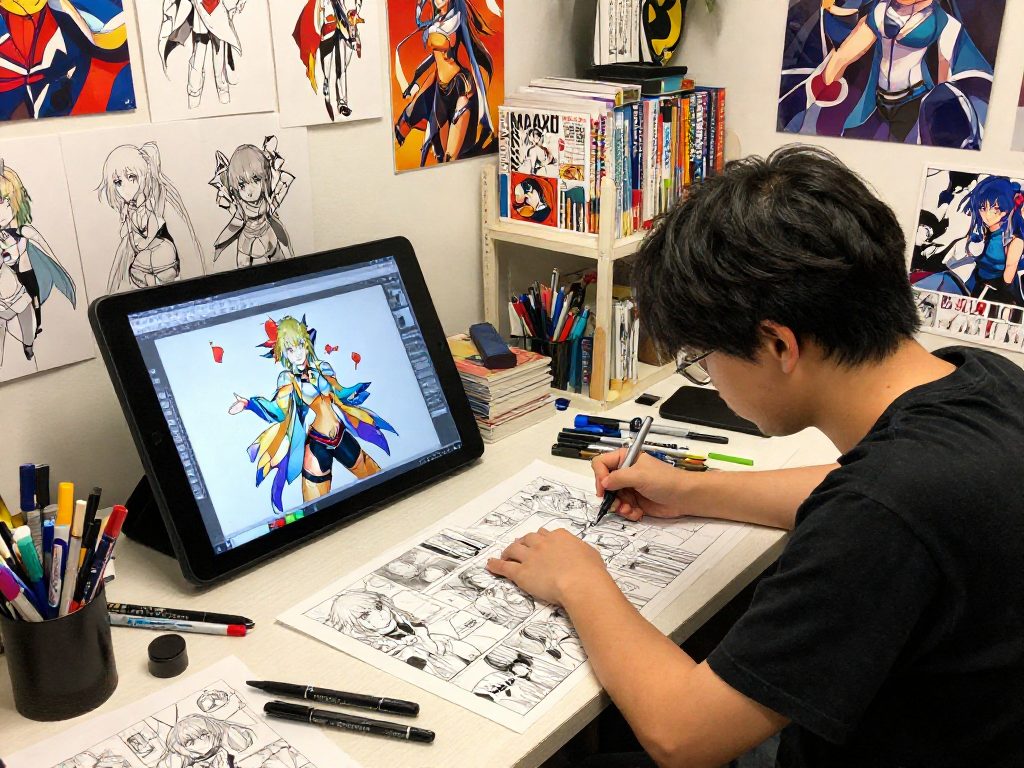 Discover the vibrant art studio at https://hitomi-mangaraw01.com/ featuring a passionate manga artist immersed in their creative process.