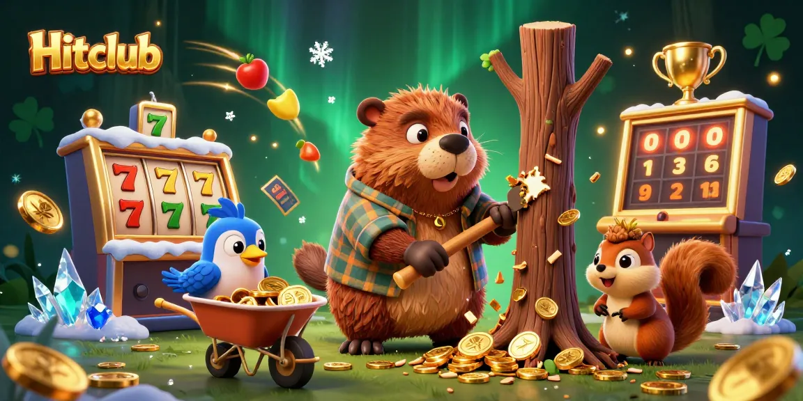 Experience the excitement of Hitclub with a lively 3D scene showcasing a beaver and friends celebrating casino wins.