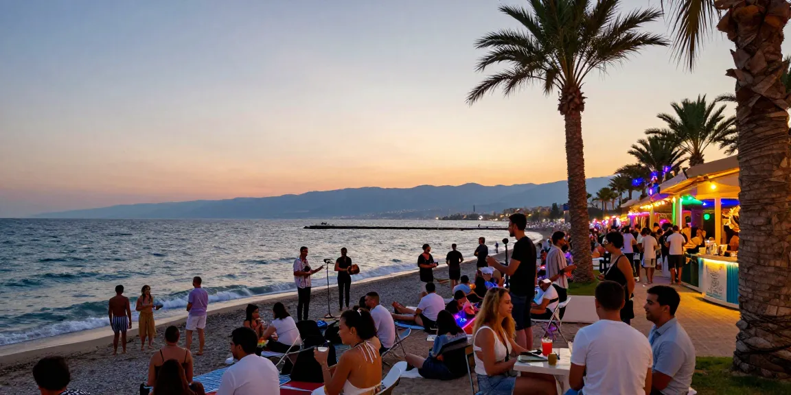 Experience Antalya weather with vibrant beach sunset and live music atmosphere.
