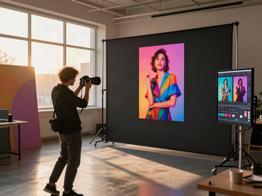 AI-powered photography studio illustrating the Typeshutter problem with vibrant visuals and dynamic lighting.