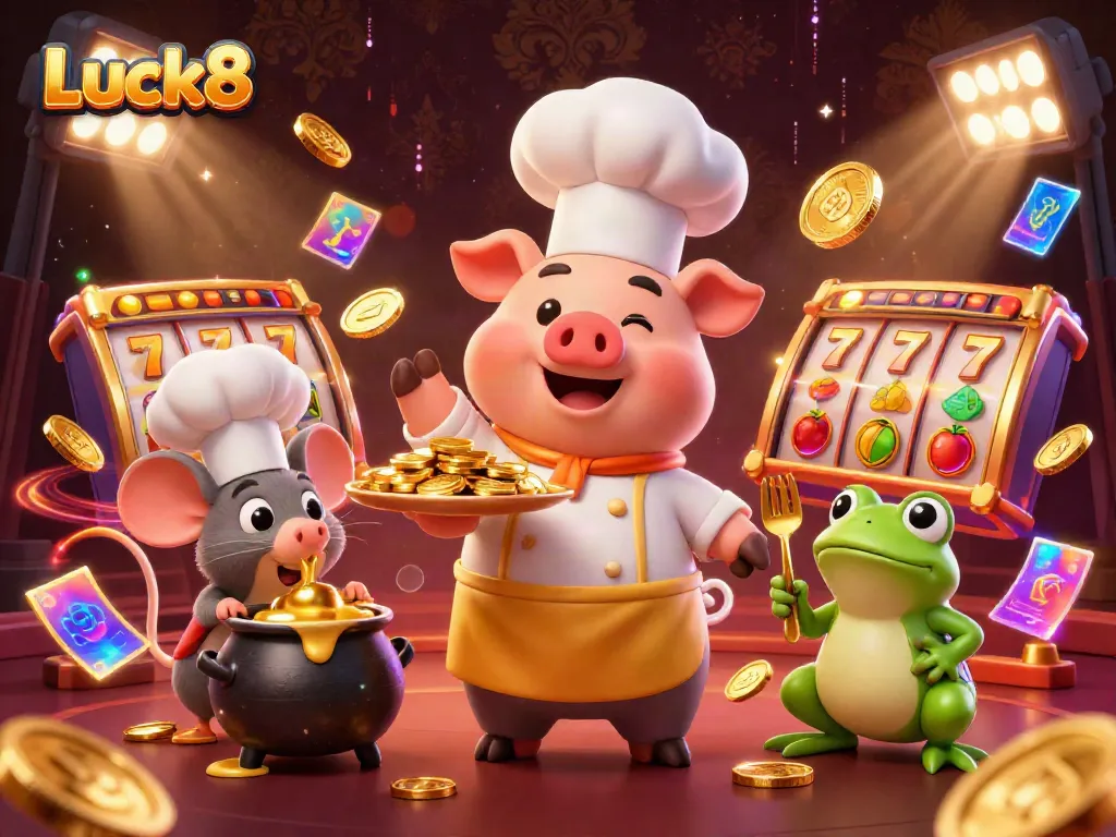 Luck8 gaming scene showcasing a cartoon chef pig, mouse, and frog with coins and slot game elements.