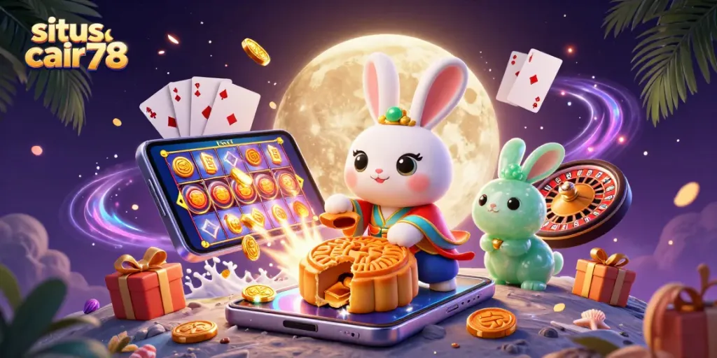 Menangkan permainan di situs cair78 dengan ilustrasi 3D kucing bulan dan elemen kasino yang menarik.