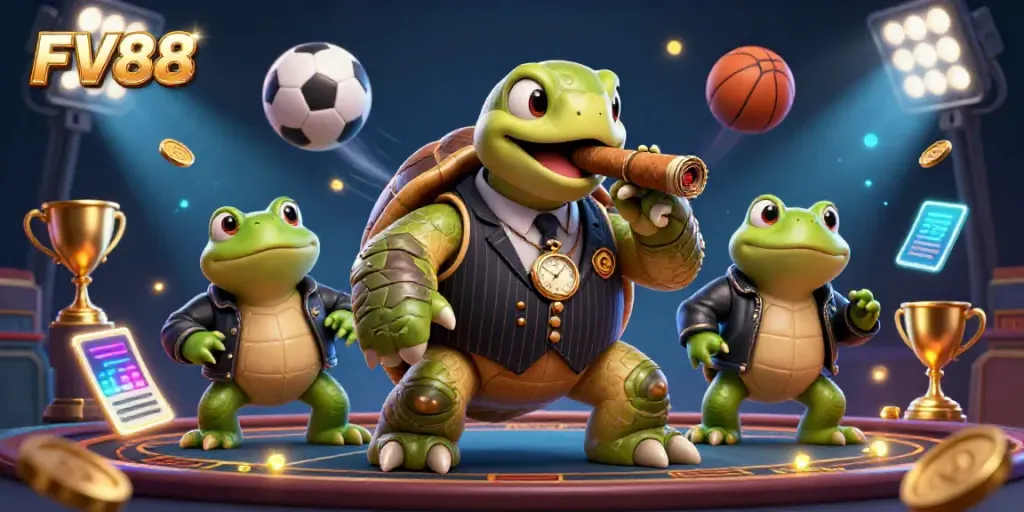 Engage with FV88 in this vibrant casino scene showcasing a cartoon turtle in a mobster suit, surrounded by sports elements.