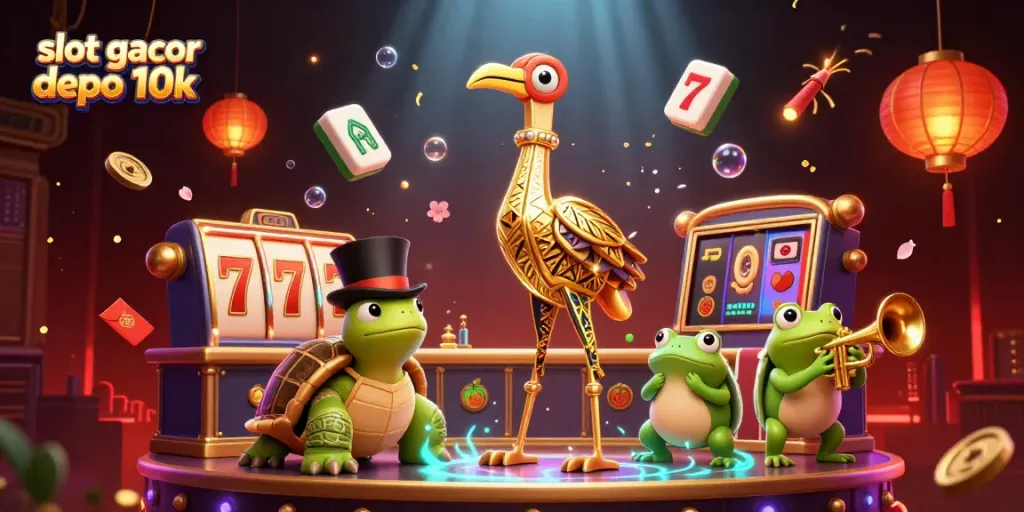 Melihat slot gacor depo 10k dalam ilustrasi 3D menampilkan karakter atraktif dan elemen kasino yang hidup.