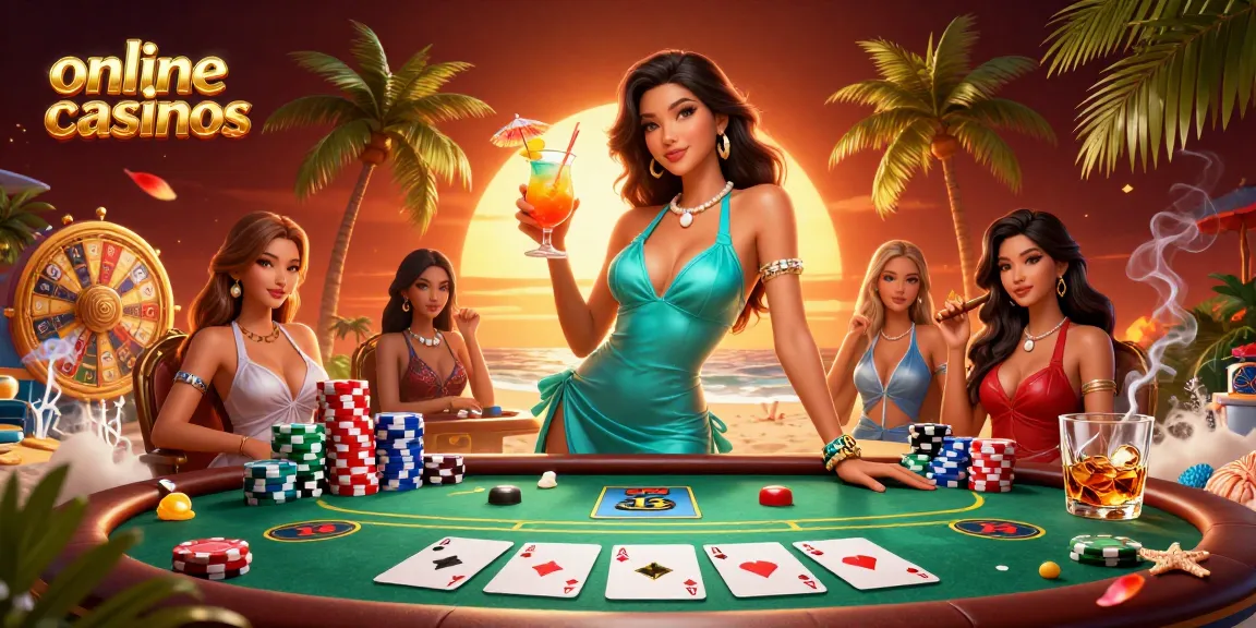 Experience vibrant online casinos under a sunset with a glamorous Asian woman by a poker table.