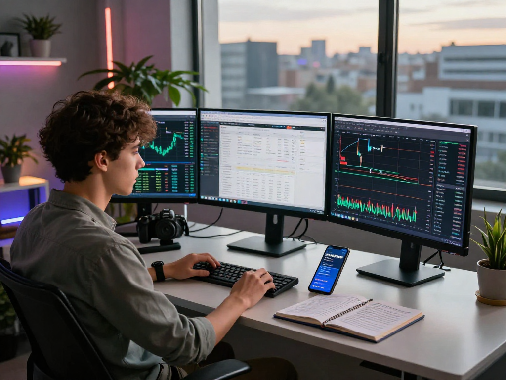 Un profesional analizando los gráficos de Immediate Edge en un entorno de trabajo moderno, lleno de tecnología.
