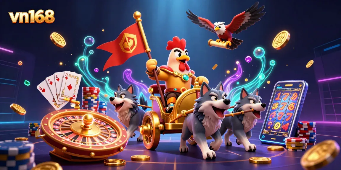 Enjoy thrilling moments at vn168 with a cartoon rooster warlord amidst a dynamic casino scene.