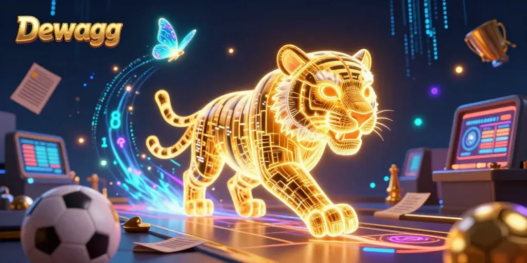 Dewagg's vivid illustration showcases a neon-wireframe tiger amid a dynamic digital casino with sports betting elements.