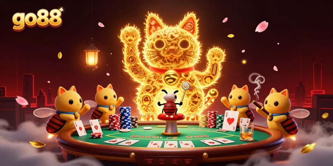 go88 showcases a vibrant scene with a lucky cat and poker elements highlighting casino excitement.