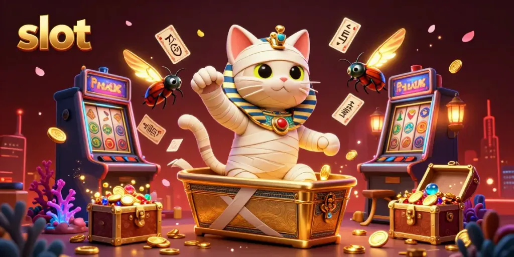 Engage in thrilling slot adventures with a charismatic Egyptian mummy cat in a lively casino atmosphere.