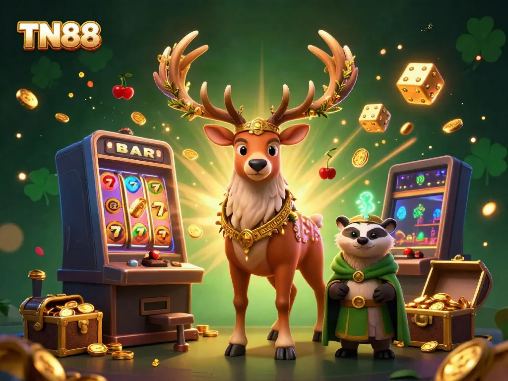 Experience the thrill of TN88 gaming with a vibrant casino scene featuring lucky symbols and magical characters.