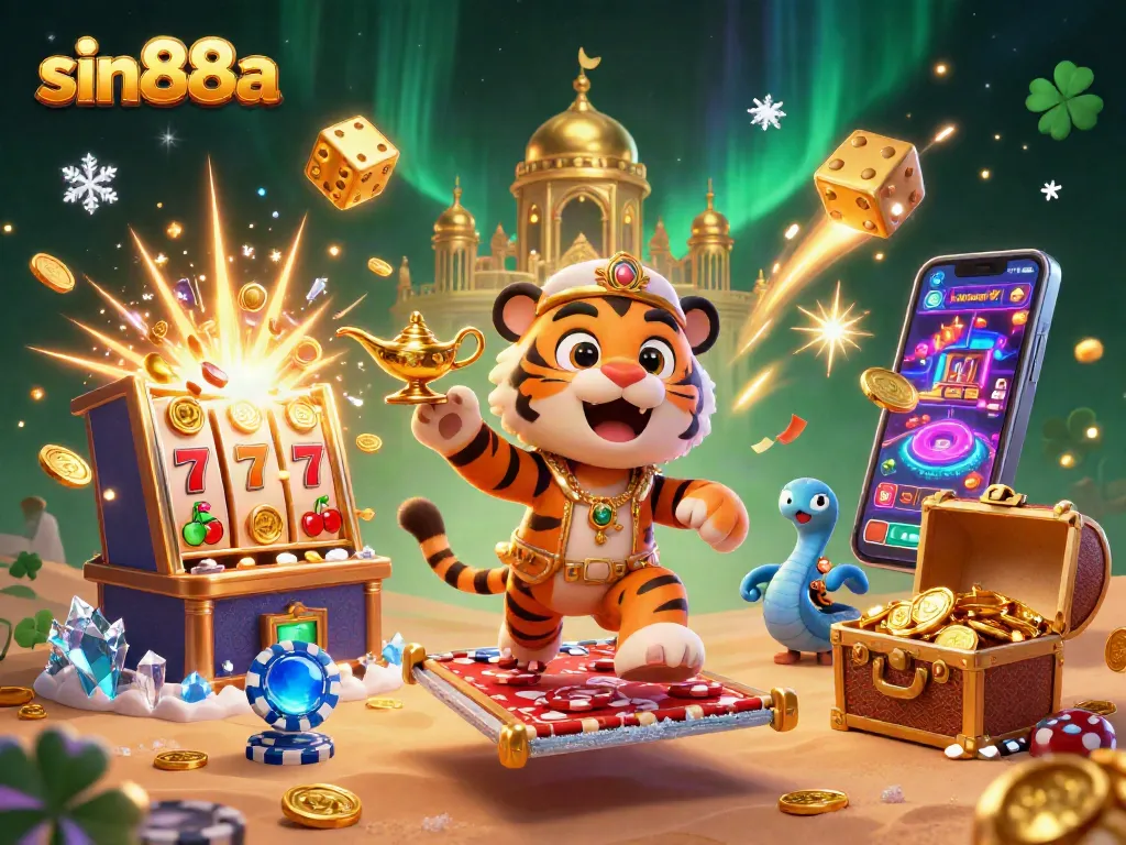 Experience sin88a with an enchanting Arabian Nights-themed casino illustration featuring vibrant game elements.