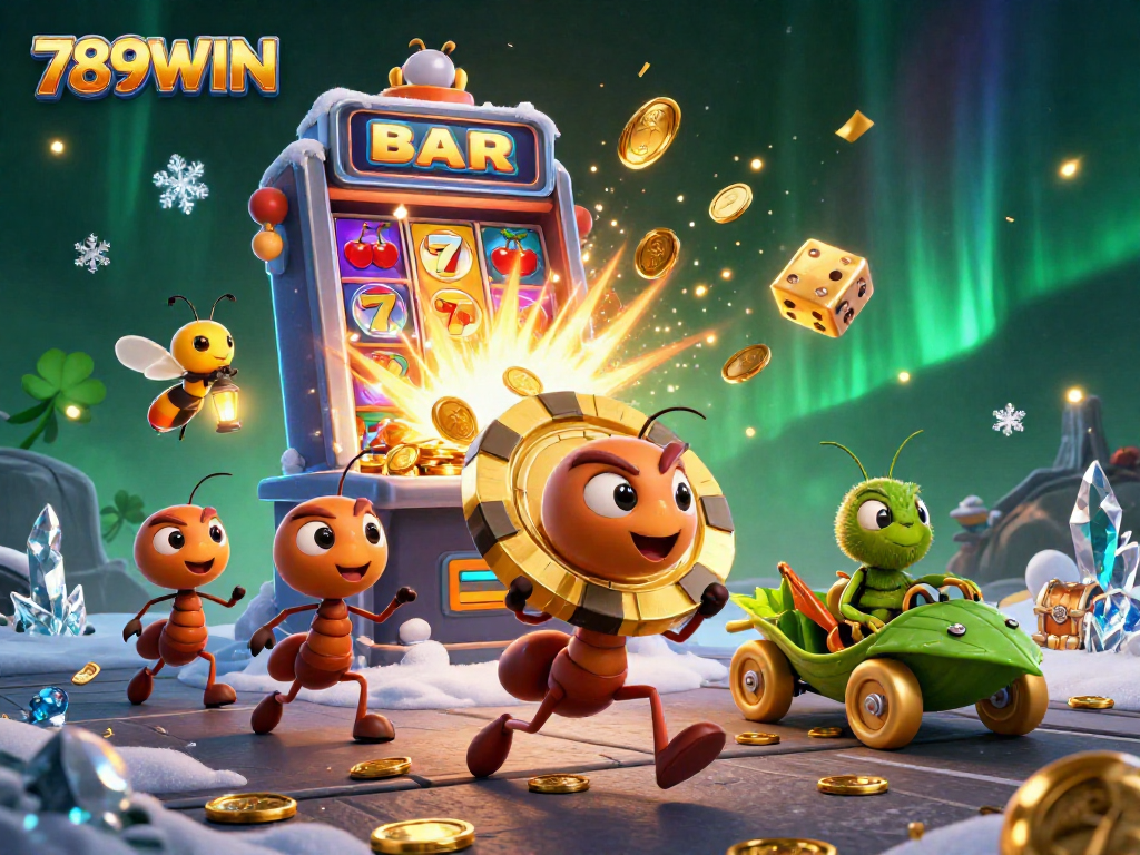 Ants heisting a golden poker chip at 789WIN, surrounded by vibrant casino rewards.