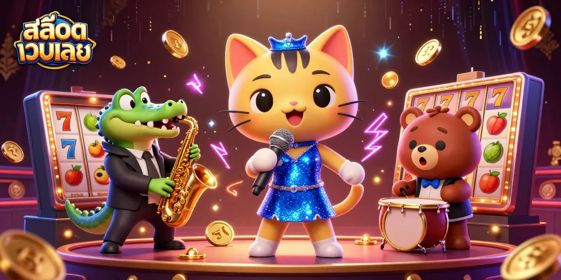 Experience the excitement of สล็อตเว็บตรง with vibrant characters, slot reels, and casino ambiance.