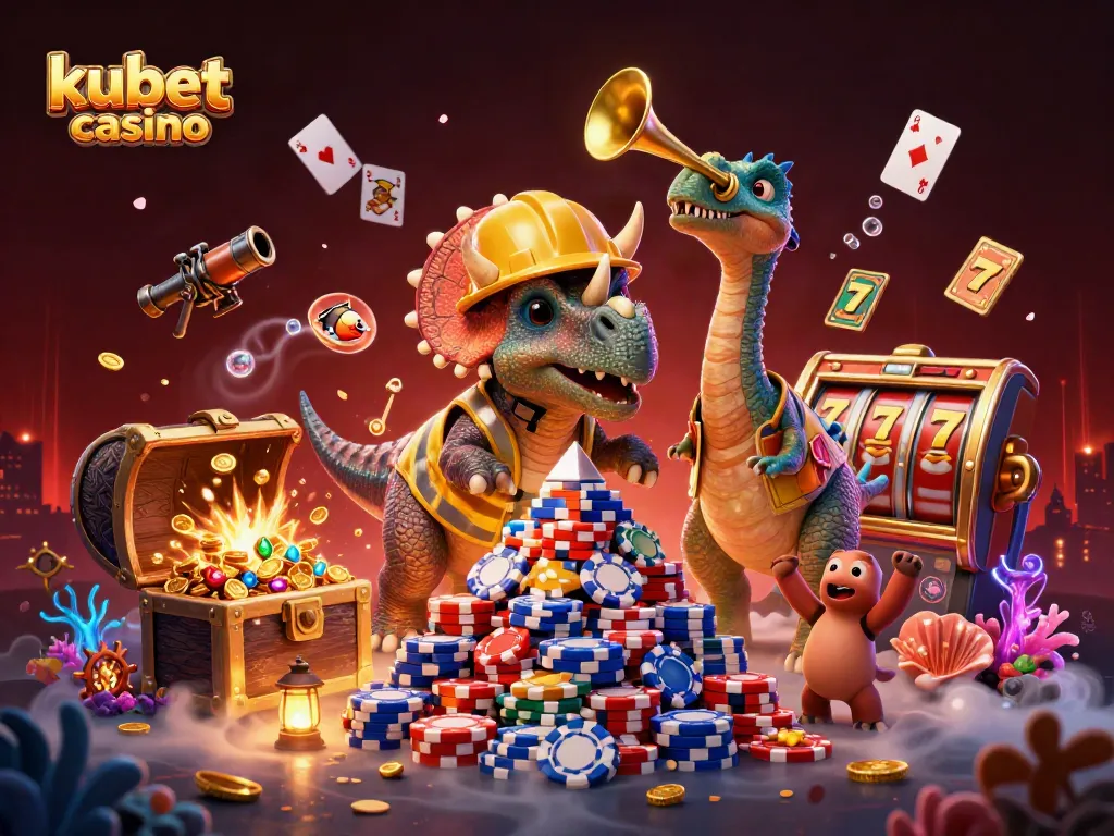 Kubet casino glows with excitement as triceratops build poker chips and celebrate with games around