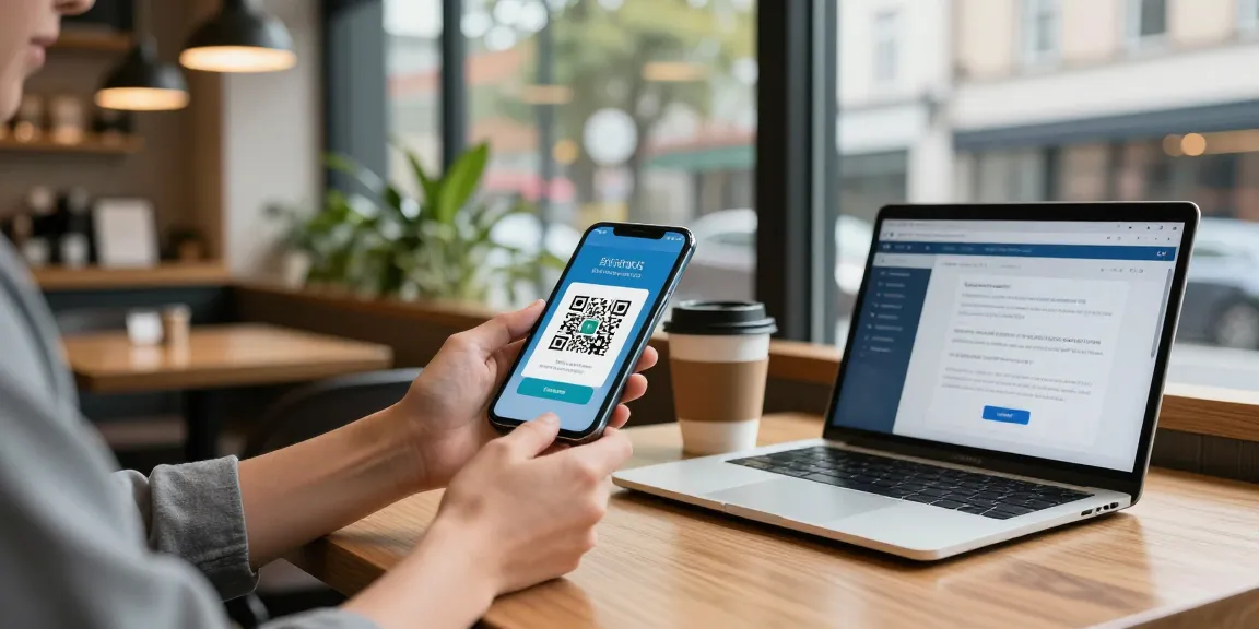 Customer using slot QRIS for mobile payments in a modern café setting.