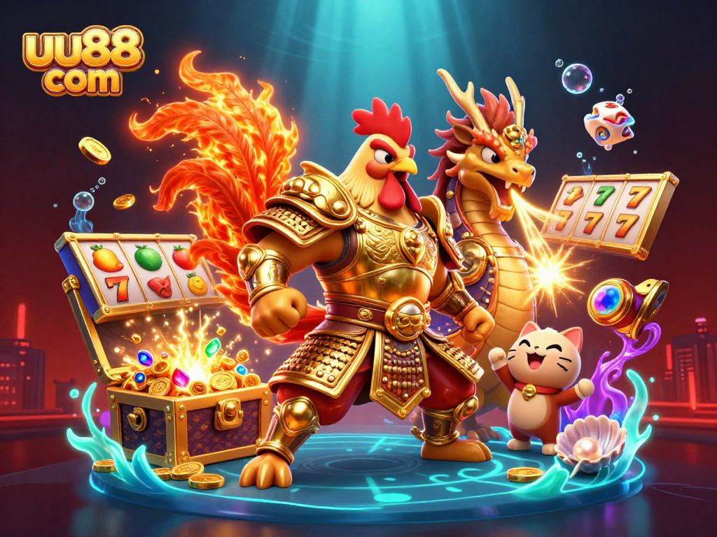 Engage with thrilling gameplay at uu88 com featuring a dynamic casino scene with a fighting rooster and dragon.