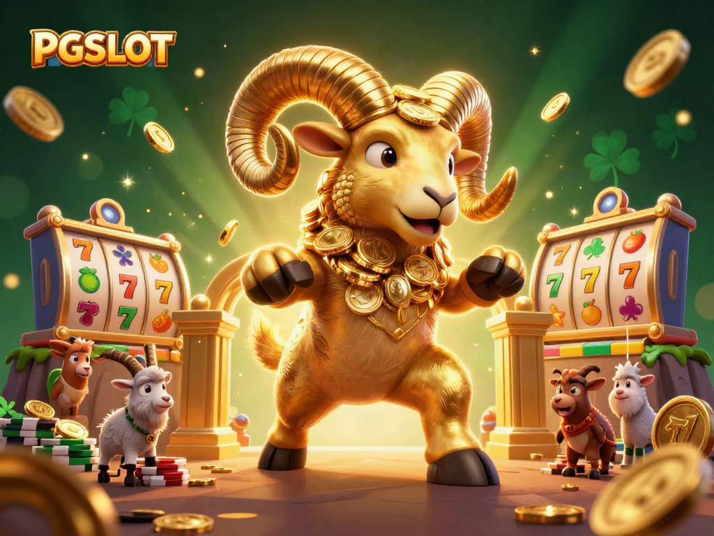 Engage with PG SLOT as the golden ram charges through slot reels amidst dazzling casino elements.