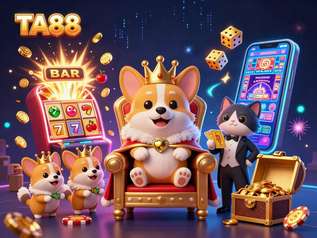 TA88 offers exciting jackpot opportunities with a corgi-themed casino illustration showcasing thrilling game elements.