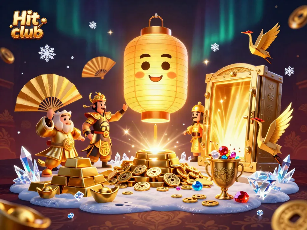 Engage in thrilling gameplay at Hit club, where a giant golden lantern spirit and treasures abound in a vibrant casino setting.