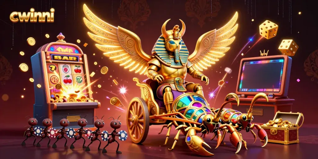 Experience thrilling gameplay with cwinni's vivid casino adventure featuring a golden scarab and jackpot moments.