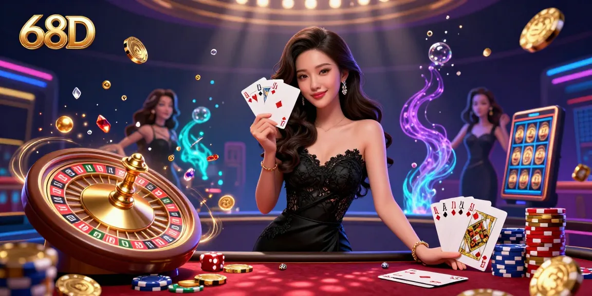 Experience the excitement of 68D with a glamorous casino scene featuring a stunning woman holding playing cards amidst vibrant game elements.