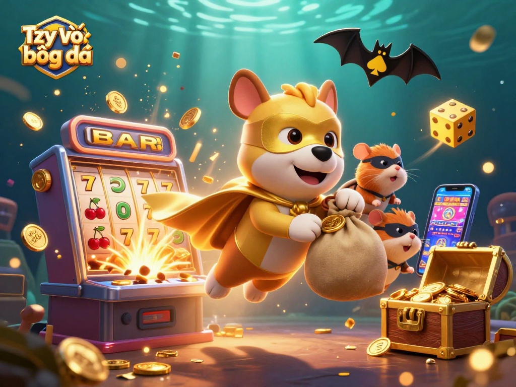 Tỷ lệ bóng đá features a superhero dog and hamster amid a vibrant casino scene overflowing with luck and excitement.