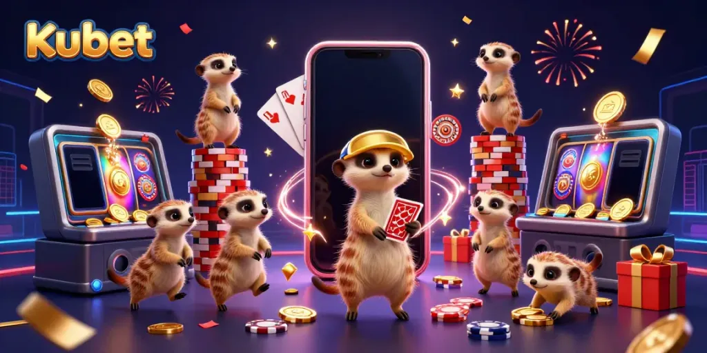 Kubet's vibrant 3D meerkat casino scene showcasing excitement with dynamic chips and games.