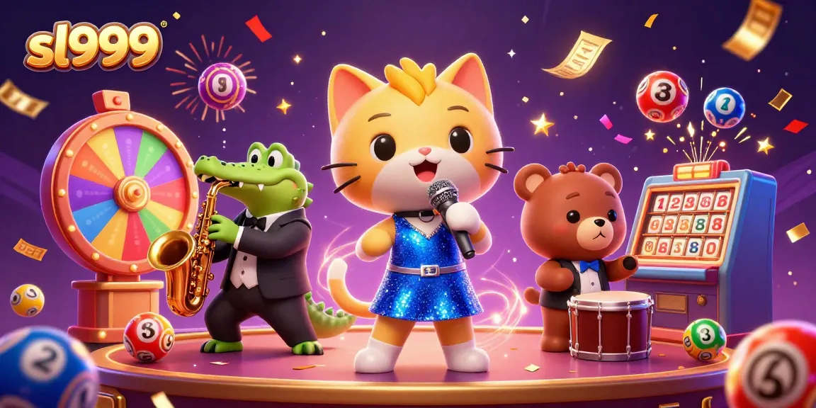 Engage in lively gaming with sl999 featuring a jazzy scene of fun characters and colorful lottery elements.