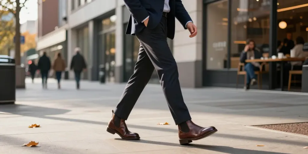 Fashionable man in men's Chelsea boots walking down city street