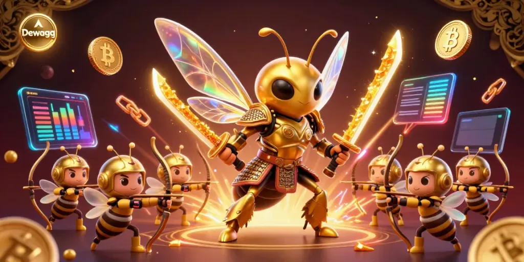 Dewagg showcases a dynamic scene with a giant golden hornet samurai and bee archers amidst crypto elements.
