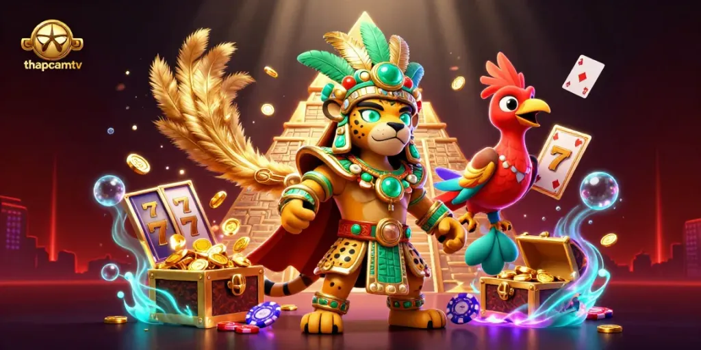 thapcamtv showcases an exhilarating casino scene with dynamic slot reels and vibrant neon poker chips.