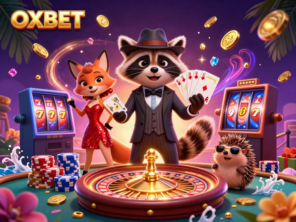 Experience thrilling gameplay at OXBET with raccoon, fox, and hedgehog in a vibrant casino scene.
