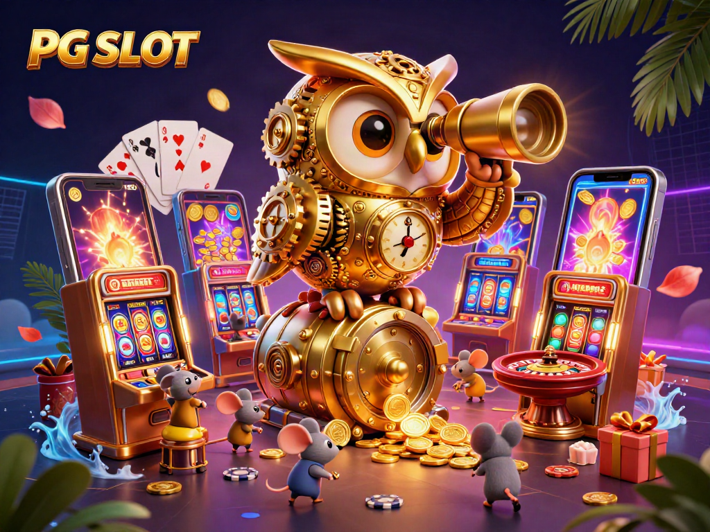 Experience PG SLOT action with a golden owl and mouse patrons in a vibrant casino.