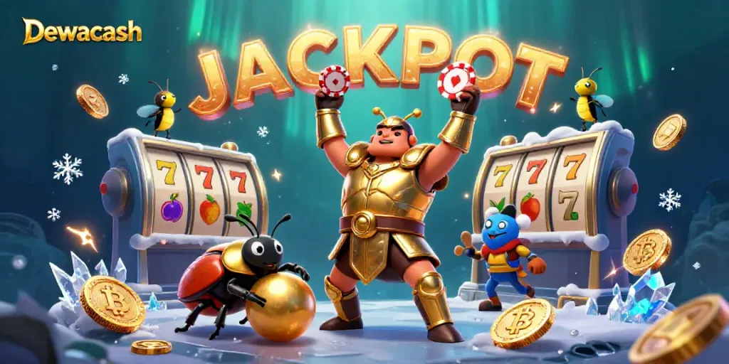 Dewacash features a victorious hercules beetle with poker chips amidst slot reels and cryptocurrency elements.