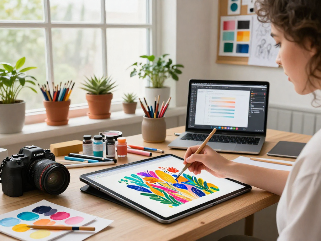 Artist using paint-bucket tool on tablet to fill colors in vibrant illustration.