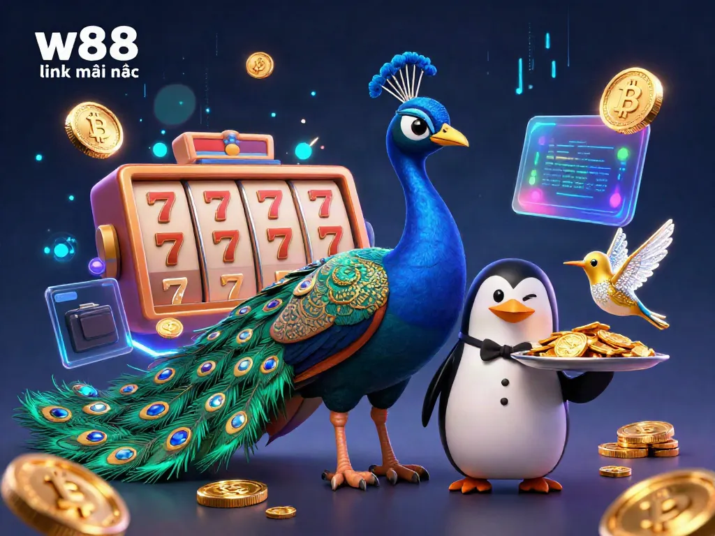 Engage with the vibrant scene of w88 link mới nhất featuring a lavish 3D peacock and gaming elements.