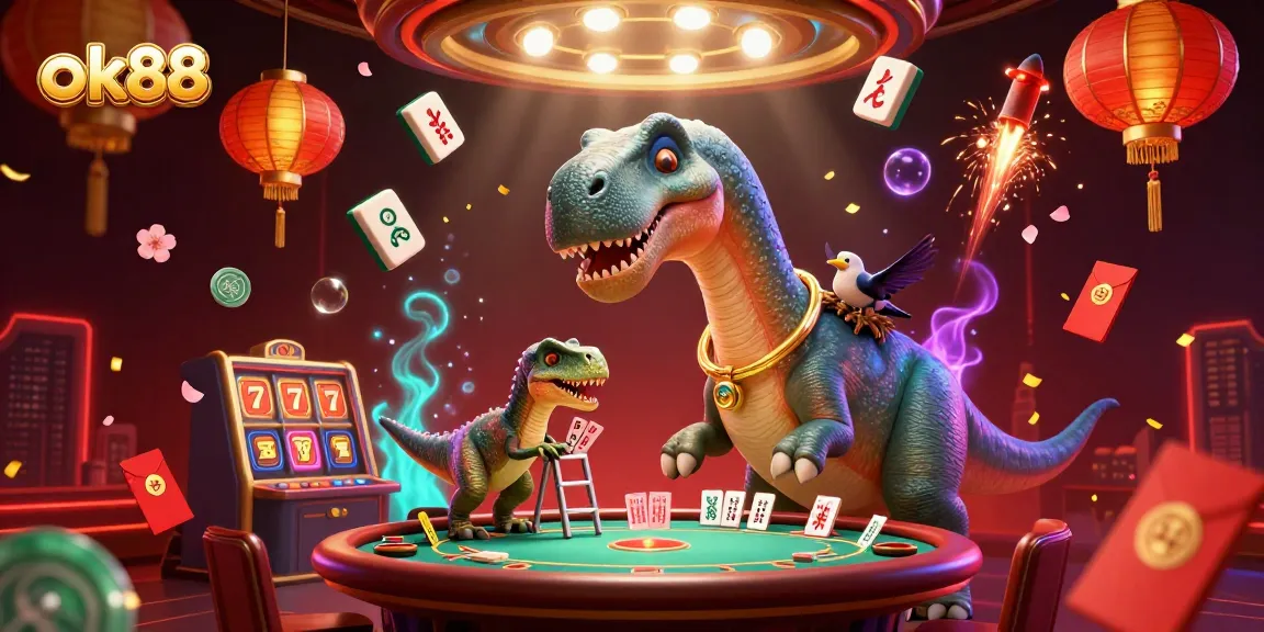 Engage with ok88 at the dynamic casino scene featuring a brontosaurus and raptor dealing cards.