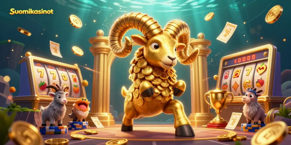 Engage in the thrilling world of suomikasinot with vibrant slots and a grand ram charging for wins.