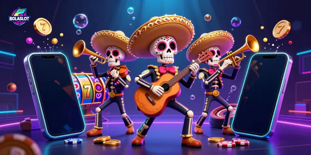 BOLASLOT offers immersive gaming experiences with vibrant slot action, featuring skeleton mariachi musicians.