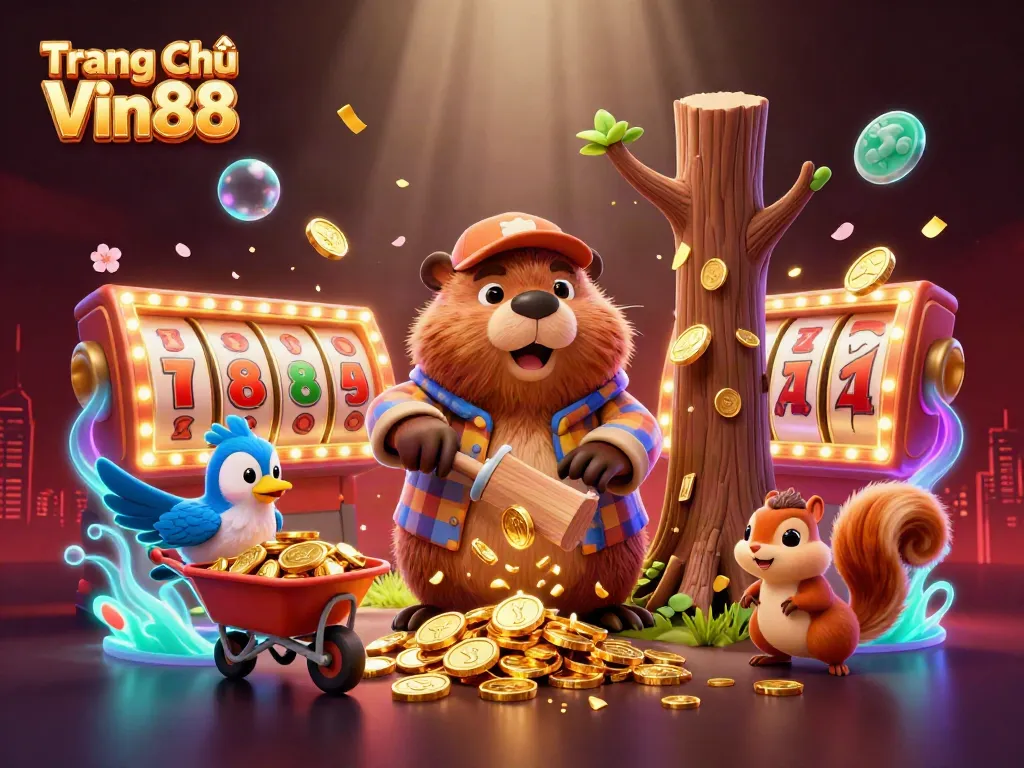 Experience the excitement of Trang Chủ Vin88 with vibrant characters and winning slots in a dynamic illustration.