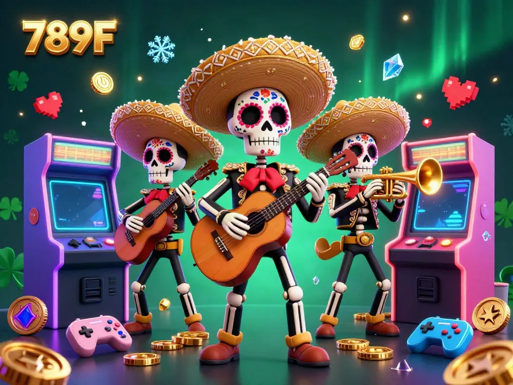 Experience the vibrant 789F mariachi band performing amidst a dazzling array of arcade games, perfect for gamers.