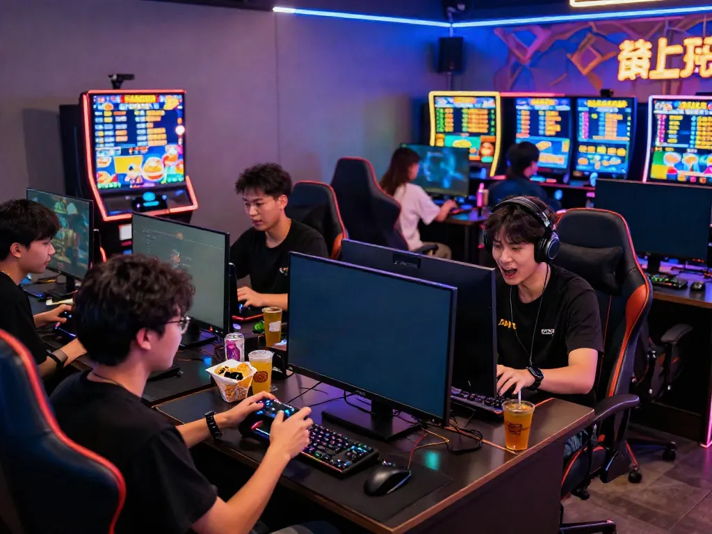 Exciting gaming lounge with players enjoying Slot MAHJONGJP88, vibrant atmosphere, and neon lights.
