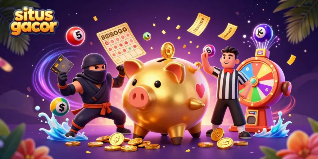 Experience the excitement of situs gacor with a golden piggy bank wrestler and colorful gambling elements.