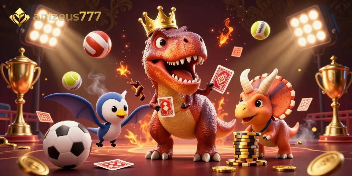 Engage with apizeus777 through thrilling sports betting action featuring a T-Rex and friends.