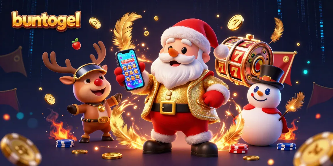 Experience thrilling jackpot slots with buntogel characters in a festive casino illustration.