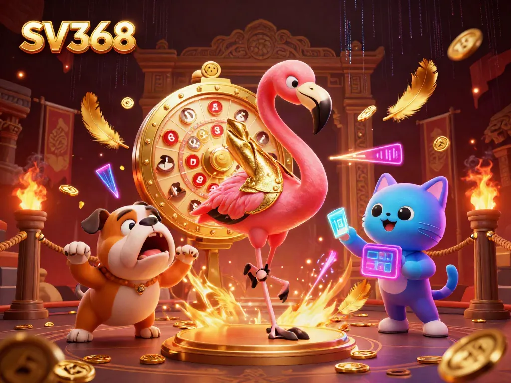 SV368 game show host flamingo spinning a prize wheel surrounded by excitement and casino elements.
