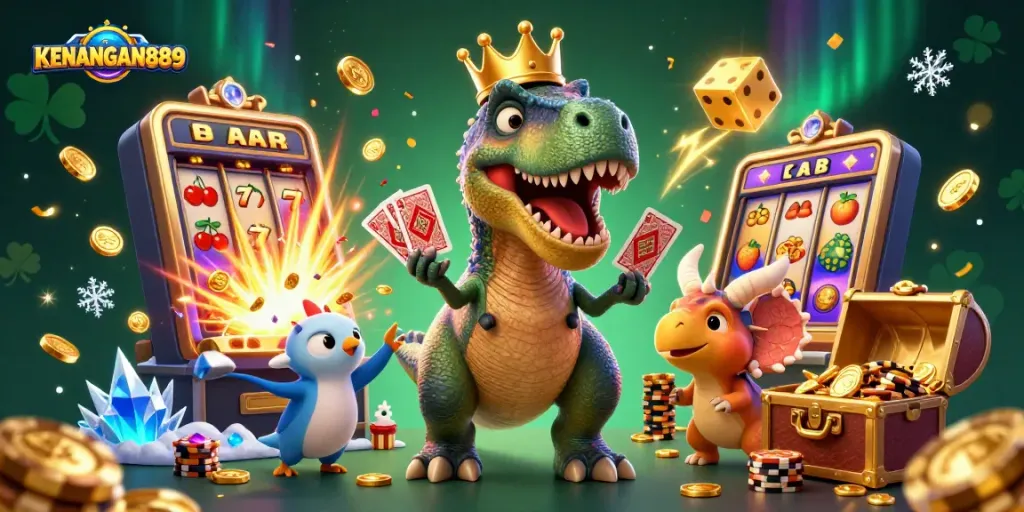Join the adventure with KENANGAN889 as a friendly T-Rex and friends shuffle cards and stack chips in a vibrant casino!