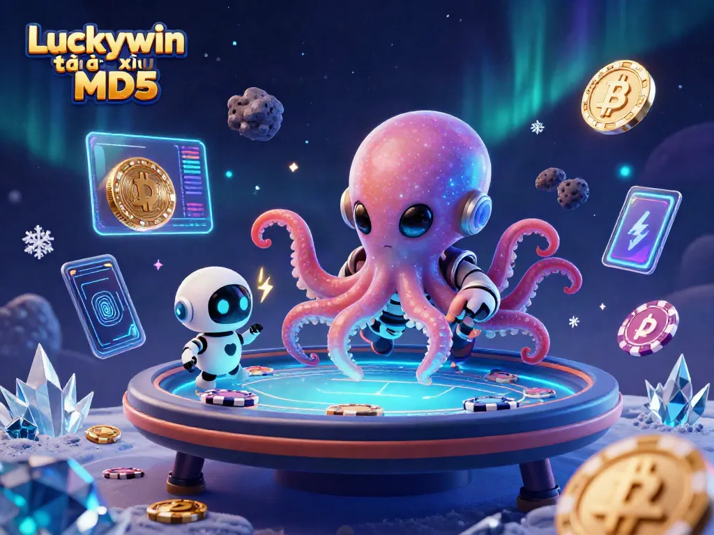 Experience exciting gameplay at Luckywin tài xỉu MD5 with a thrilling scene of an alien octopus and holographic poker.